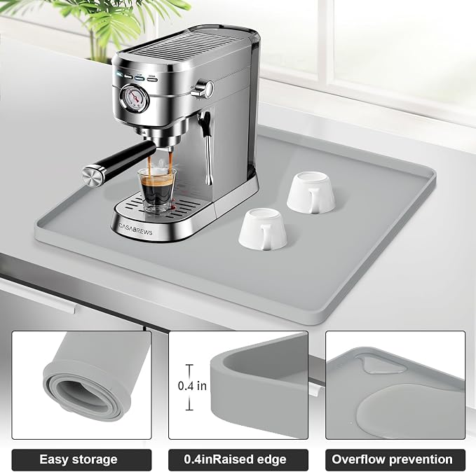 Silicone Coffee Mat 16"x16", Single Piece Anti-Vibration Under Coffee Maker Mat, Non-Slip Espresso Machine Mat with 10mm Raised Edge, Noise Reduction Countertop Protector, Fits Breville Ninja Keurig