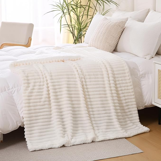 Cream White Sherpa Fleece Throw Blanket 60”×80”for Couch Sofa Bed | Double Side Soft Fuzzy Cozy Plush Thick Flannel Blanket with Striped Design Gift for Adults,Woman