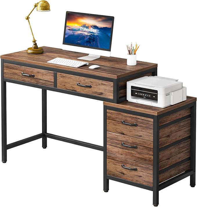 Tribesigns Computer Desk with 5 Drawers, Reversible Home Office Desks | Small Desk with Drawer Cabinet Printer Stand, PC Desk with Storage, Rustic Study Writing Table Workstation for Small Spaces