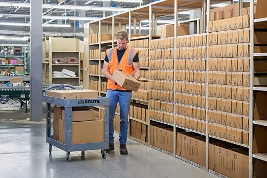 Rubbermaid Commercial Products BRUTE Heavy Duty 2-Shelf Utility/Service Cart, Medium, Lipped Shelves, Ergonomic Handle, 500 lbs. Capacity, Gray, for Warehouse/Garage/Cleaning/Maintenance/Stadiums