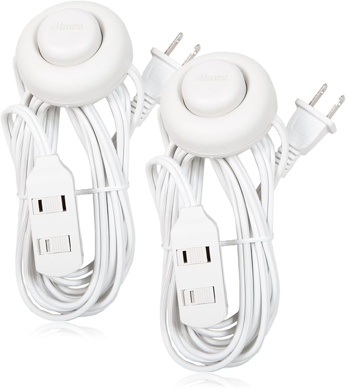 Maxxima 9 ft 3 Outlet Extension Cord - Featuring an Easy to Use On/Off Foot Switch, Ideal to Plug in Lamps, Appliances, Lighting Accessories, or for Senior Living Use, 125VAC - White - Pack of 2