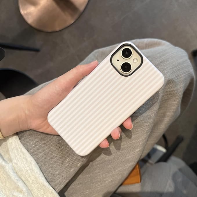 for iPhone 15 Plus/14 Plus Case Striped Cute Aesthetics Phone Case Trendy Protective Shockproof Cover for iPhone 15 Plus/14 Plus White