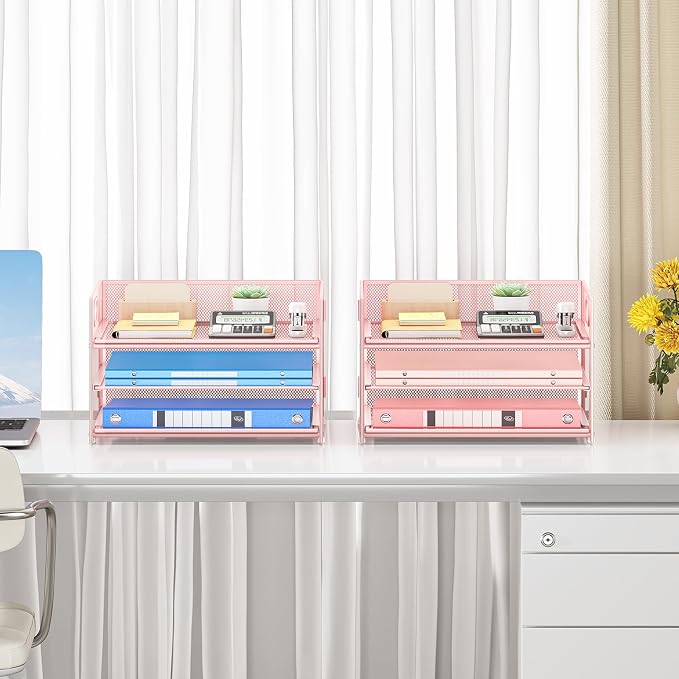 Subekyu 2-Pack 3-Tier Pink Metal Mesh Desk Paper Letter Tray & File Sorter Organizer with Handle + 1 Sliding Tray for Desk, Home, Office, School Supplies, A4 Paper and Accessories Storage