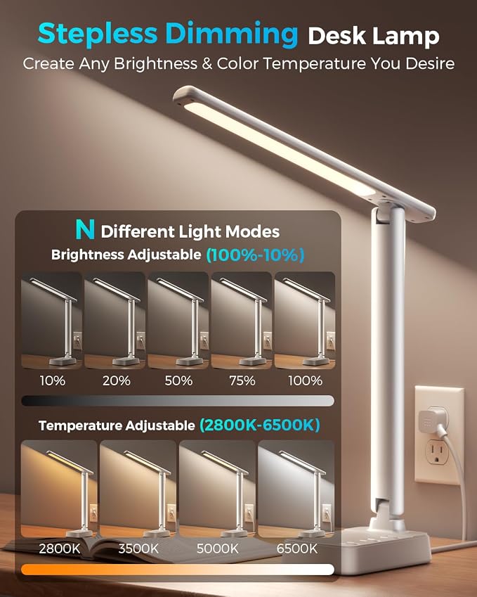 LED Desk Lamp with Power Strip, 3 AC Outlets & 4 USB Ports (2 USB-C), Stepless Dimming&2800K-6500K Eye-Caring Desk Light, Foldable Table Lamp with 5FT Cord for Home Office, Dorm Room Essentials White