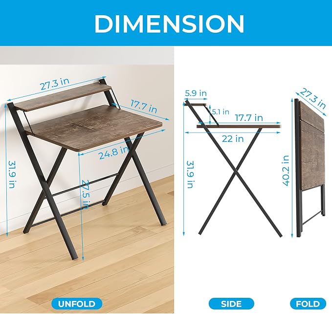 GreenForest Folding Desk No Assembly, Sturdy Computer Desk for Small Spaces | Portable Foldable Table for Laptop, 2-Tier Compact with Shelf, Space Saving for Home Office, Dorm, Apartment, 27"x 22" Brown