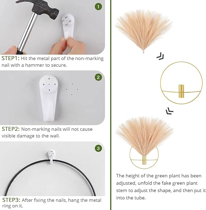Pretty Jolly Boho Pampas Wall Decor Black Metal Wall-Mounted Art | Morden Artificial Greenery Display，2 Pack Hanging Planter For Living Room, Bedroom, Bathroom, Dining room