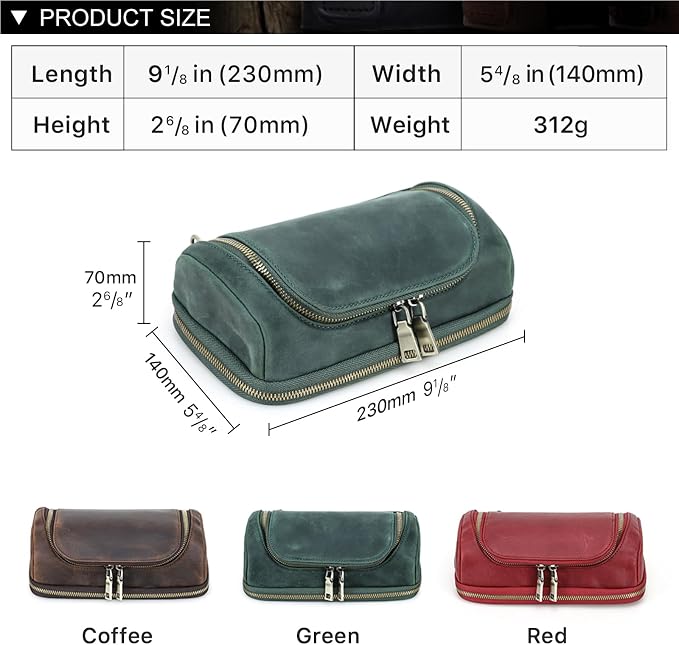 Hiram Handmade Crazy Horse Leather Tech Organizer Travel Case ��� Accessories Organiser Bag for Laptop, Tablet & Cell Phone, Double Compartment Charger Organizer Travel Case Green