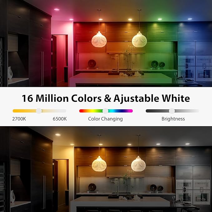 Smart LED Recessed Ceiling Soffit Lights 6 Inch, 12W Canless Recessed Lights with 1080LM and RGB+CCT Colors, Dimmable LED Downlight with Junction Box, 4 Pack