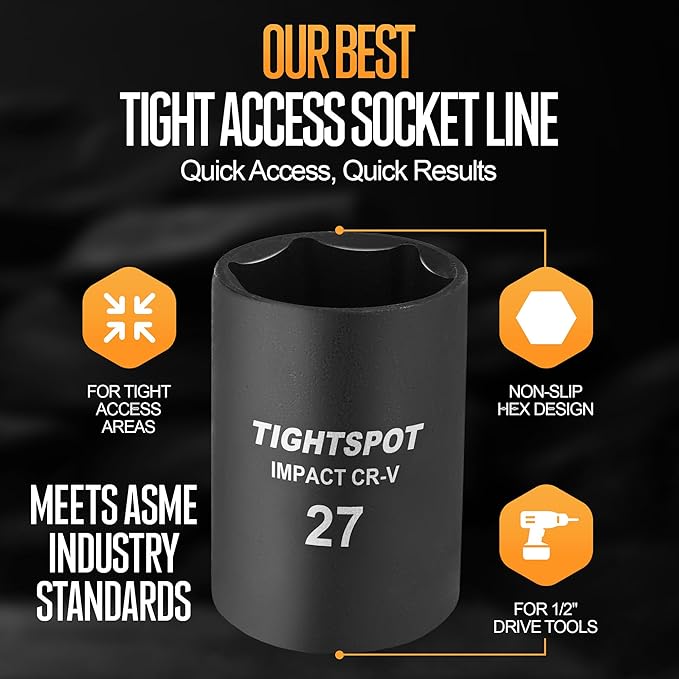 TIGHTSPOT 1/2 Inch Drive 27mm Shallow Impact Socket with Anti-Rounding 6 Point Design, Heat-Treated CRV Steel