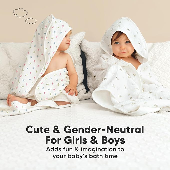 KeaBabies Muslin Baby Bath Towels with Hood for Girls, Boys -Large Organic Cotton Hooded Baby Towels for Newborns,Toddlers,Infant,Kids,Soft Absorbent Newborn Bath Essentials Gift Set(Roarsome, Petite)
