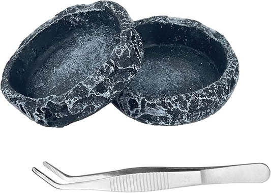 2PCS Reptile Water Dish Food Bowl Set Reptile Feeder Food and Water Dish with Feeding Tweezers Tong for Leopard Gecko Lizard Frog Snake Chameleon Tortoise