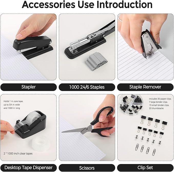 SKYDUE Black Office Supplies Set, Black Desk Accessories, Stapler, Tape Dispenser, Scissors, Binder/Paper Clips and 1000pcs Staples, Desk Supplies Set