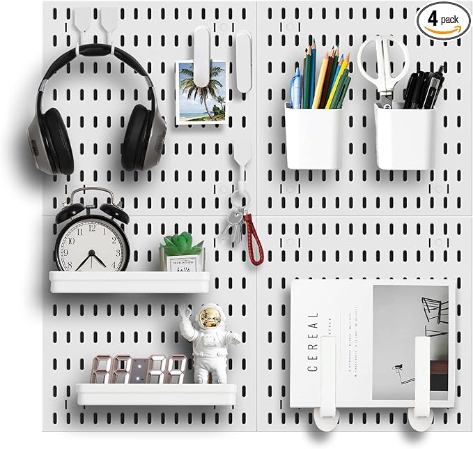 Pegboard Wall Organizer Kit, Modular Storage System, White | 4 Modular 11.8" Pegboards with Hooks & Storage Baskets, Durable ABS/HIPS for Gaming, Office, Craft & Home Organization