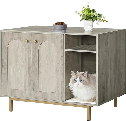 Cat Litter Box Enclosure Enclosed, Hidden Litter Box Cabinet Furniture with Storage, Wooden Indoor Cat House Large, Modern End Table for Living Room Entryway, Greige and Gold CB01505G