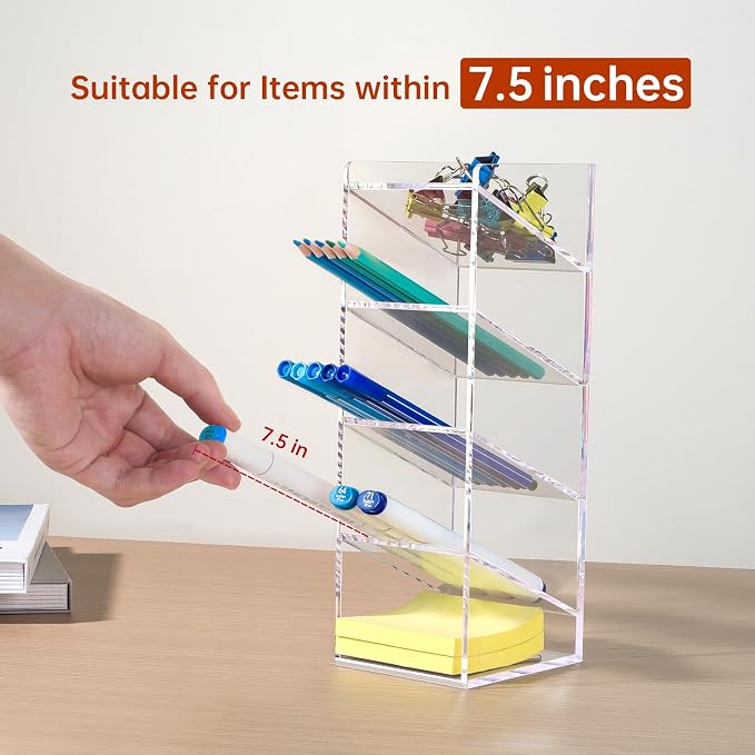 BEYGORM Acrylic Vertical Marker Organizer for 50 Markers, Desk Orgaizer | 5 Compartments Clear Angled Pen & Pencil Holder, Large Stationery & Art Supply Storage for School (10.2 x3.3 x 4 Inch)