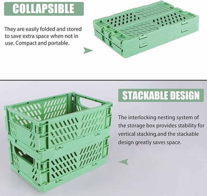 Tixill 2-Pack Mini Foldable Plastic Baskets for Organizing and Storage, Collapsible Storage Crate for Home Kitchen Bedroom Bathroom Office (9.8x6.5x3.8, Green)