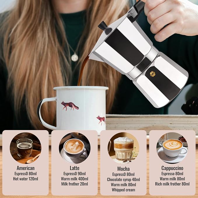 3 Cup Aluminum Moka Pot Classic Stovetop Espresso Coffee Maker 150ml 5oz Coffeemaker Percolator Mocha Pot Greca Coffee Maker Cafe Makers for Italian and Cuban Café Brewing Silver