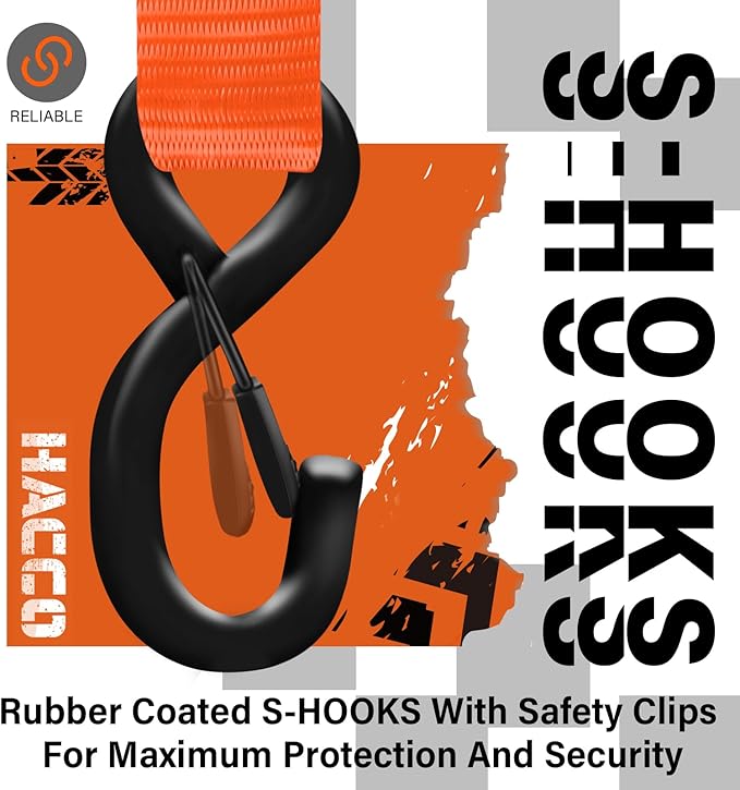 HACCOPLANET Ratchet Straps, 5280lb Break Strengeth, 1.6" Heavy Duty Ratchet Tie Down Strap Set w/Padded Handle, S Hook, Soft Loop for UTV Motorcycle Truck Cargo Straps (Orange, 8FT)