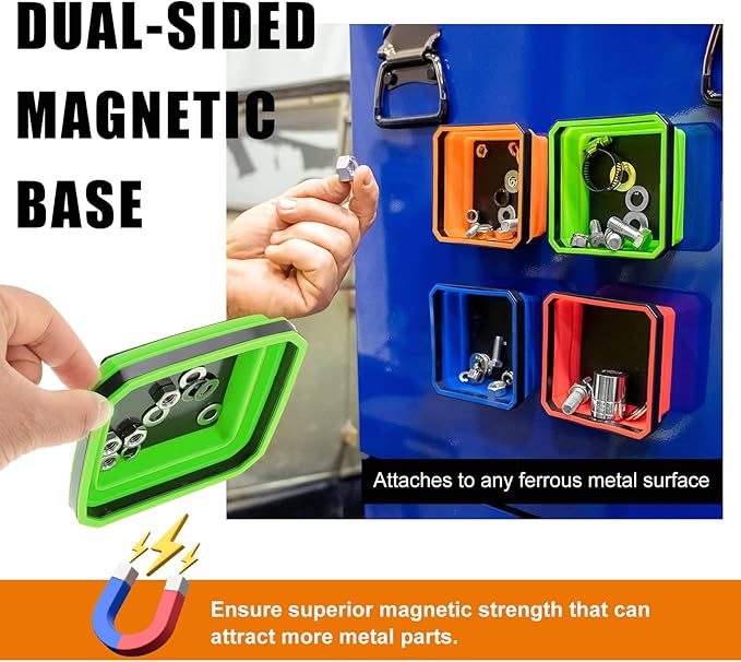 2 PCS Collapsible Magnetic Parts Tray, 4.5 Inch Foldable Magnetic Square Silicone Tray, Tool Tray Set with Double-Sided Magnetic Base for Screw Bolts Nuts Pins, Car Accessories (Green+Orange)