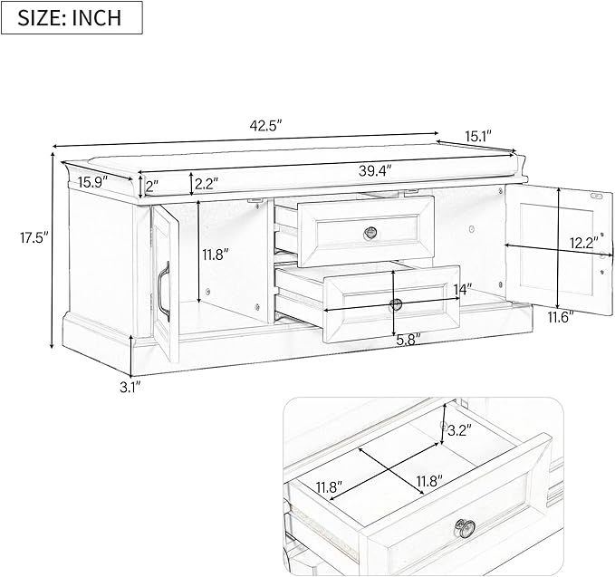 Knocbel 42.5" Entry Storage Bench with Removable Cushion, 2 Drawers and 2 Cabinets, Entryway Hallway Foyer Shoe Bench End of Bed Bench with Aluminum Handles, 200lbs Weight Capacity (Antique Navy)