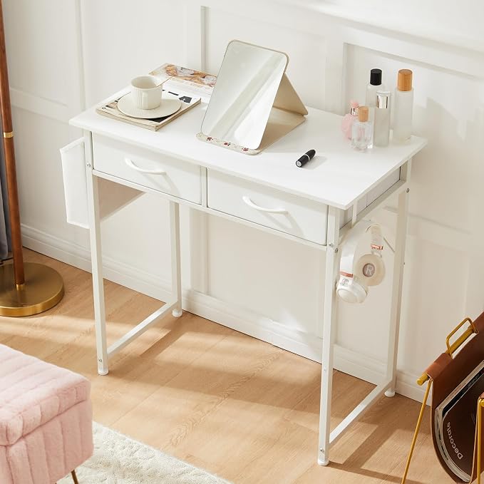 OLIXIS 32 Inch Small Desk, Computer Desk, Home Office | Fabric Drawers, Side Bag, Headphone Hook, Writing Study Work Table, Bedroom, Natural White
