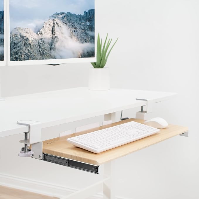 VIVO Light Wood Large 27 x 11 in Under Desk Keyboard Tray, MOUNT-KB05A | Keyboard Tray for Typing, Slide Out Platform, Extra Sturdy C-Clamp Mount System, Computer Drawer, White Frame