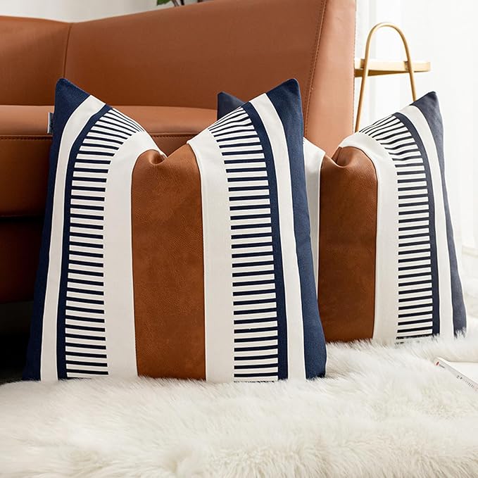 Set of 2 Large Couch Decorative Pillow Covers 26x26 Farmhouse Stripe Pillowcase, Faux Leather Accent Square Cushion Cover for Sofa Chair Bedroom Modern Decor