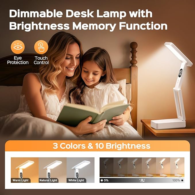 Small Desk Lamp,10000mAh Battery Operated Lamp,3 Colors+Dimmable Desk Light,LED Desk Lamp with USB Charging Port+Digital Clock+45min-Timer,Wireless & Portable Light,Desk Lamps for Home Office,Craft