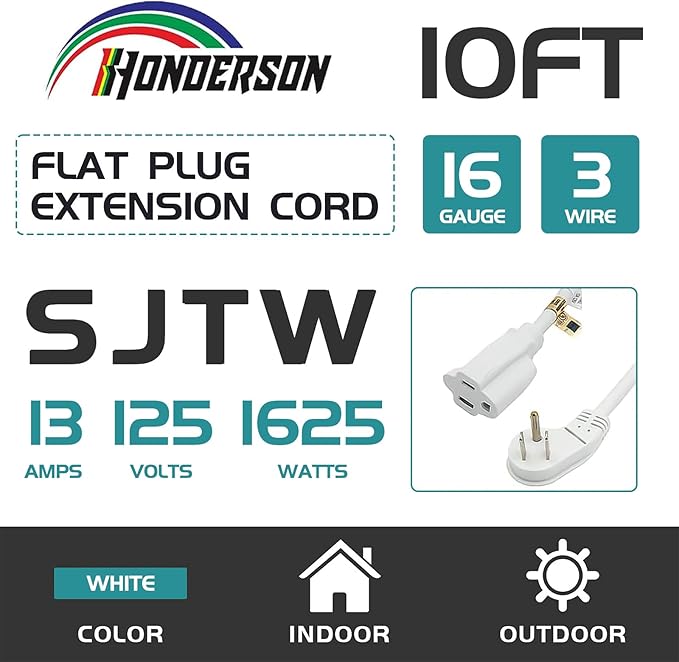 Flat Plug Indoor Extension Cord, UL Certified, 16 Gauge 10FT White 3 Prong Heavy Duty, 16/3 SJTW 13A Power Cord for Lights, Appliances, Home