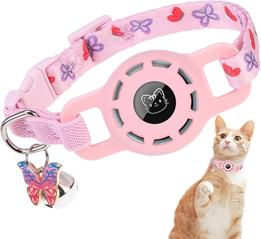BINGPET AirTag Cat Collar with Bells, Upgraded Safety Elastic Cat Collar with Airtag Cat Collar Holder, Anti-Lost Cat Collars for Girl Boy Cats, Anti-Suffocation Kitty Puppy Collars
