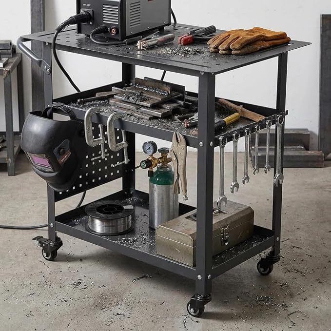 Heavy-Duty Welding Table with Wheels, 36"X24" Portable Welder Workbench with 5/8" Fixture Holes & Storage Panels for Shop & Workshop | Mobile Welding Station & Fabrication Table