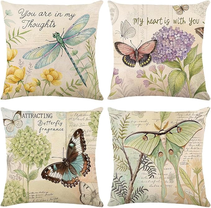 wyooxoo Throw Pillow Covers 16x16 Set of 4 Spring Summer Pillow Covers Linen Flower Butterfly Farmhouse Pillowcases for Sofa Couch Living Room Outdoor