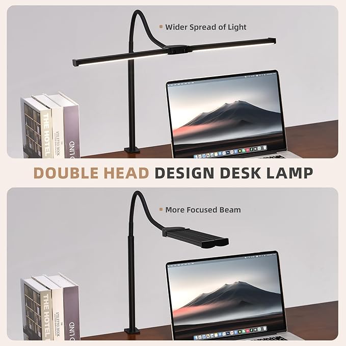 Voncerus LED Desk Lamp for Home Office, Double Head Desk Light with Clamp | 3 Modes 10 Brightness, Long Flexible Goose-Neck, Eye-Caring, Memory Function, Energy Efficient, USB Adapter, Metal, Black