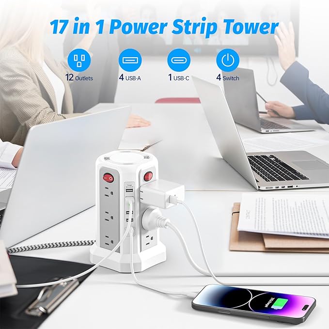 Power Strip Tower Surge Protector with PD20W USB C, 6FT Desktop Extension Cord Charging Station with 12 AC Multiple Outlets 5 USB Ports, Charger Tower Multiple Protections for Home Office Supplies