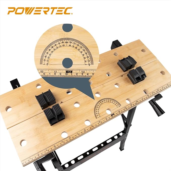 POWERTEC Portable Small Workbench with Vise, Imprinted Ruler and Protractor Scale, Folding Sawhorse/Worktable and 4 Bench Dogs for Woodworking Projects (MT4006V)