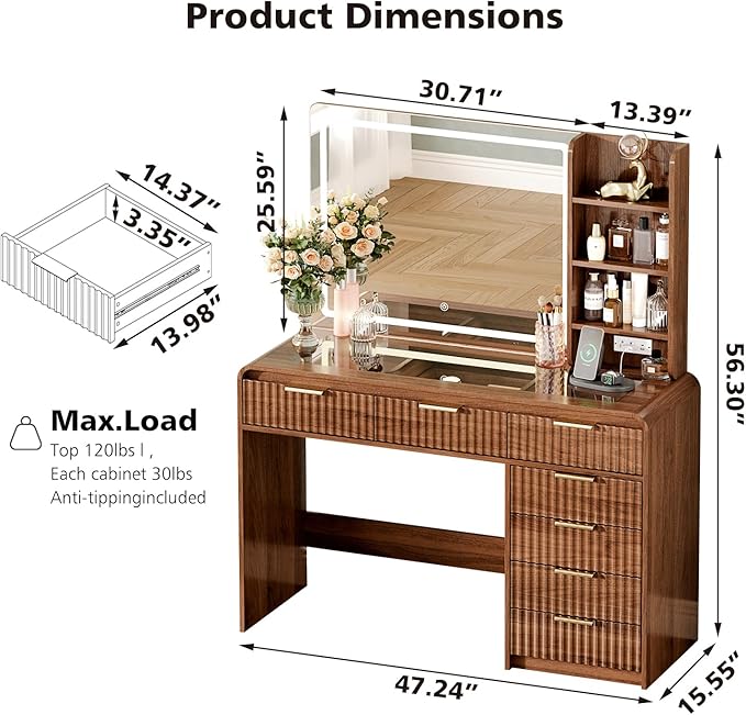 47“Makeup Vanity Desk with Mirror and Lights, Vanity Desk with 7 Drawers & Storage Shelves, Vanity Table with Power Outlet, 3 Color Modes & Adjustable Brightness Dressing Table, Bedroom,Brown