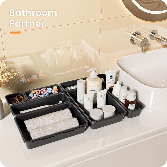 【Military Grade】A-LuGei Drawer Organizer,【】Makeup organizer,【Holds 177 Items】Bathroom Organizers and Storage,Organization and Storage,Desk Drawer Organizer for Vanity【Black】