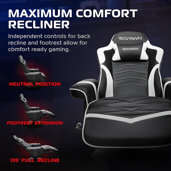 RESPAWN 900 Gaming Recliner Chair with Footrest, Cup Holder and Swivel | Ergonomic gaming recliner with footrest, cup holder, lumbar support, 135° recline & 360° swivel for console gaming