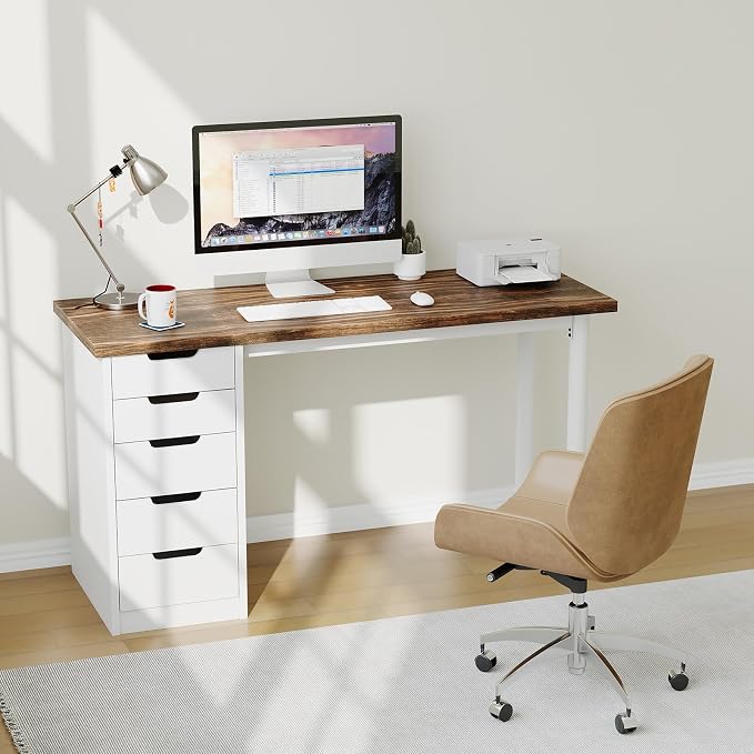 Garvee Computer Desk with 5 Drawers, 47 Inch Modern Simple Study Writing Desk with Storage, Rustic Home Office Desk, Reversible Computer Desk for Small Spaces, Apartments, Dorms, Brown+White