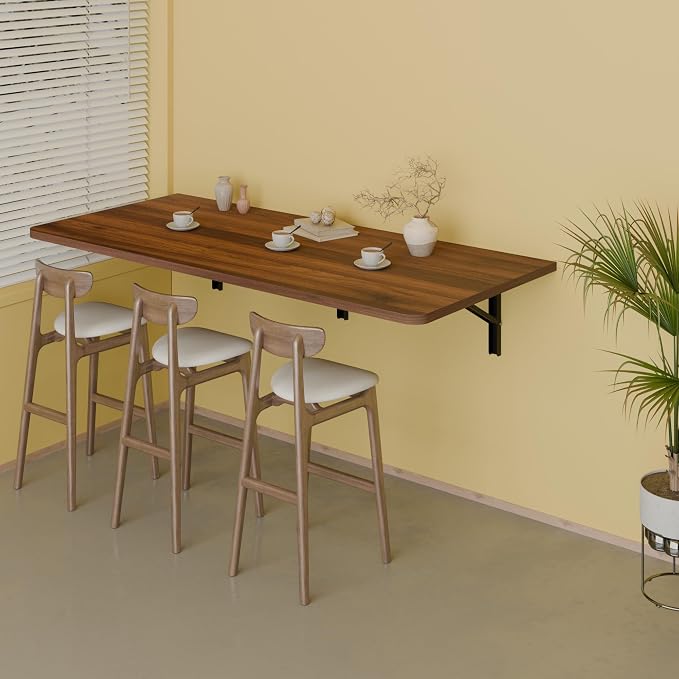 IAE 55x22in Floating Fold Desk,Wall-Mounted Folding Computer Table,Walnut | Study Table with Shelf Brackets,Foldable Down Shelf with Engineered Wood,Fold Computer Desk for Small Apartment,Holds 512 lb