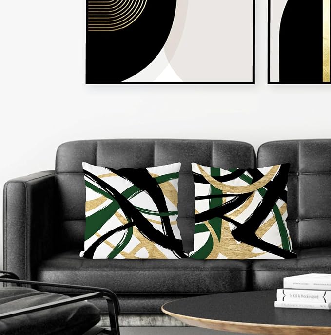 Black Gold and Green Pillow Covers, Abstract Black and Gold Pillow Covers 22x22 Set of 2, Modern Boho Decorative Throw Pillows Cover for Couch Bed Living Room