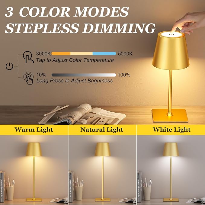 Kakanuo Gold Cordless Rechargeable Table Lamp 5000mAh Battery Operated Lamps, 3 Colors Stepless Dimming Touch Lamp for Living Room, Kitchen Counter, Dining, Outdoor Patio, 2 Pack