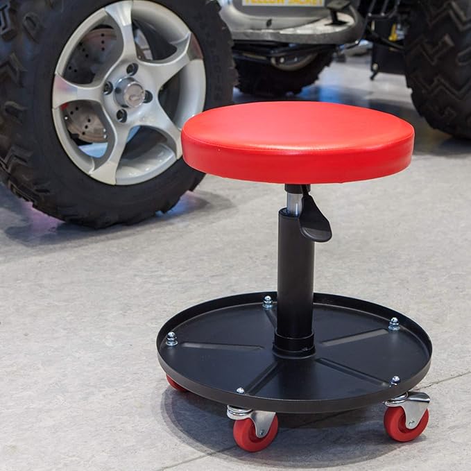 Big RED ATRHL6201R Torin Heavy Duty Rolling Pneumatic Creeper Garage/Shop Seat: Padded Adjustable Mechanic Stool with Tool Tray Storage, Red Large,15.36" D x 15.36" W x 4.73" H