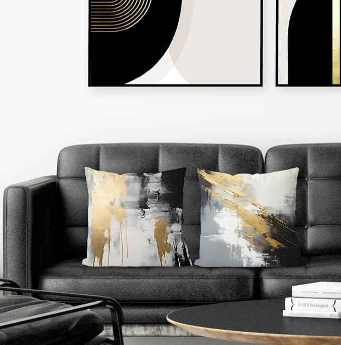 Black & Gold Pillow Covers, Abstract White & Gold Set of 2, 24x24 Modern Pillows for Couch & Bed