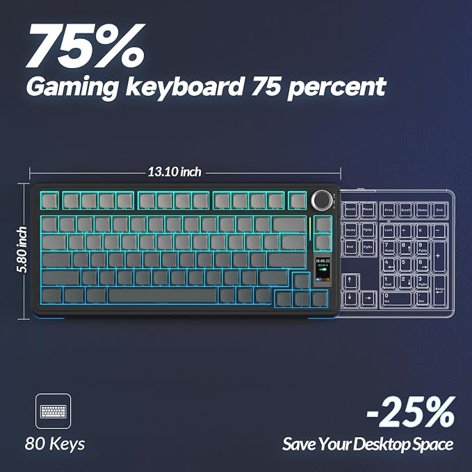 AULA S75 PRO Wireless Mechanical Keyboard with Screen&Knob, Tri-Mode Hot Swappable Gaming Keyboard 75%, Pre-lubed Switches, RGB Backlit, Side Printed PBT Keycaps, Creamy Sounding Computer Keyboards