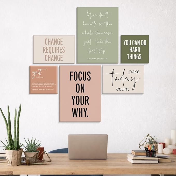 Framed Motivational Office Wall Decor, Set of 6 Boho Inspirational Canvas Wall Art Office Decorations for Work, Positive Affirmations Quotes Posters for Workout Room Home Bedroom