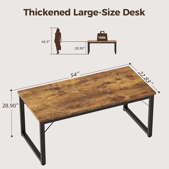 Mericonia 54 Inch Computer Desk, 1" Thick Large Office Table, Brown | Modern Simple Style, Heavy Duty Industrial Frame, Study & Writing Table for Home Bedroom Work