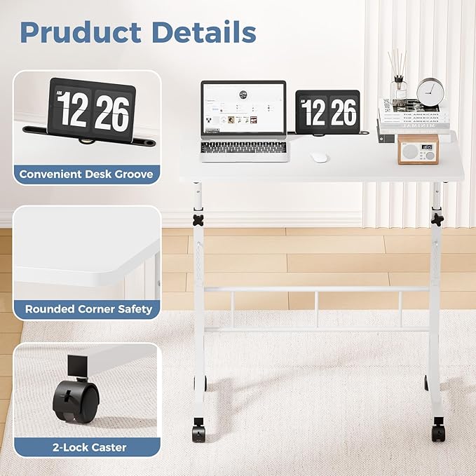DUMOS 31.5" Walking Pad Desk, Laptop Desk, Home Office | Lockable Wheels, Adjustable Height, Portable Rolling Design, Treadmill Use, Stand Up Style, White