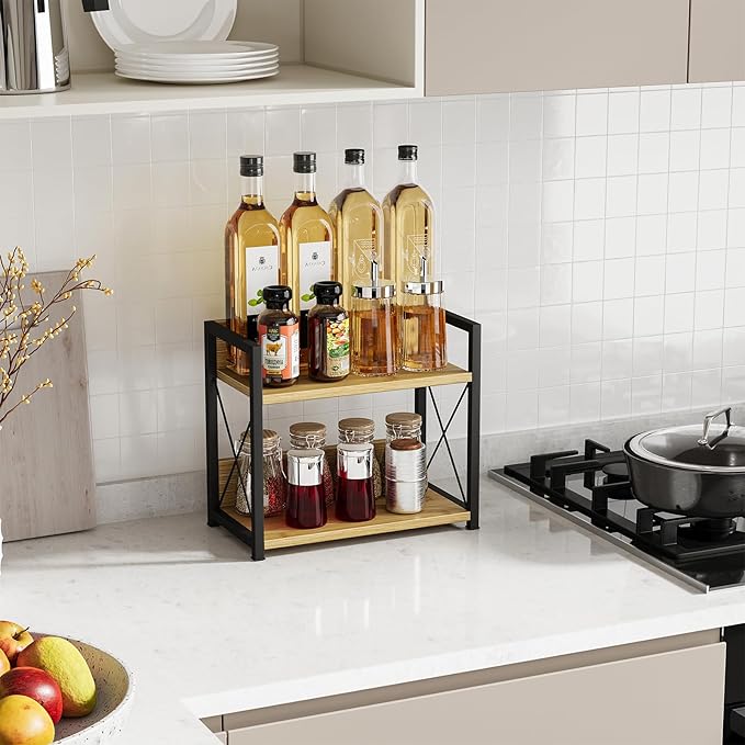 Giikin Countertop Shelf Organizer, 2 Tier Kitchen Spice Rack Organizer for Countertop, Wood Coffee Counter Shelf Organizer for Home (Bamboo, S)