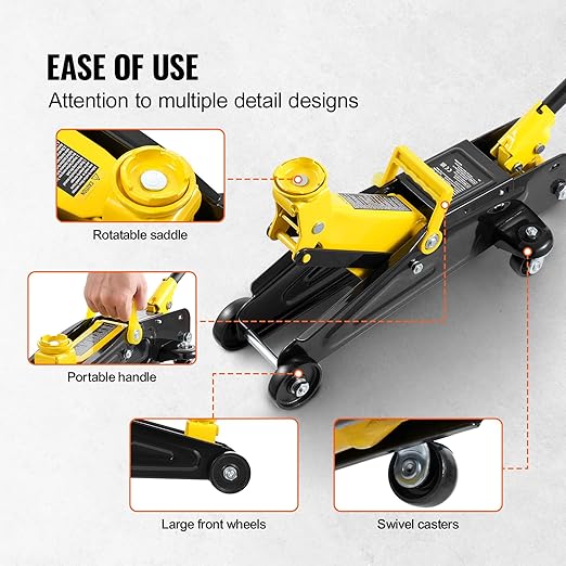 VEVOR Low Profile Floor Jack 2 Ton (4400 lbs), Heavy Duty Iron Hydraulic Racing Floor Jack, Hydraulic Car Jack, Single Piston Quick Lift Pump, 4.9"-13.2" Height Lifting Range (Yellow)